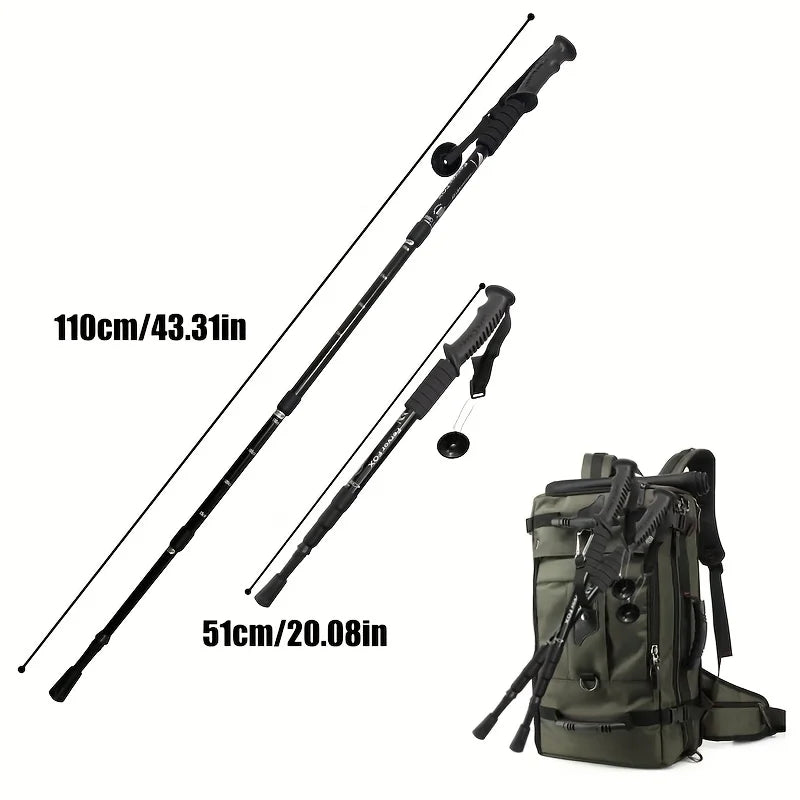 Two hiking poles with measurements and a green backpack on a white background - offered by the best outdoor gear store in America, The Adirondack Tool Co.