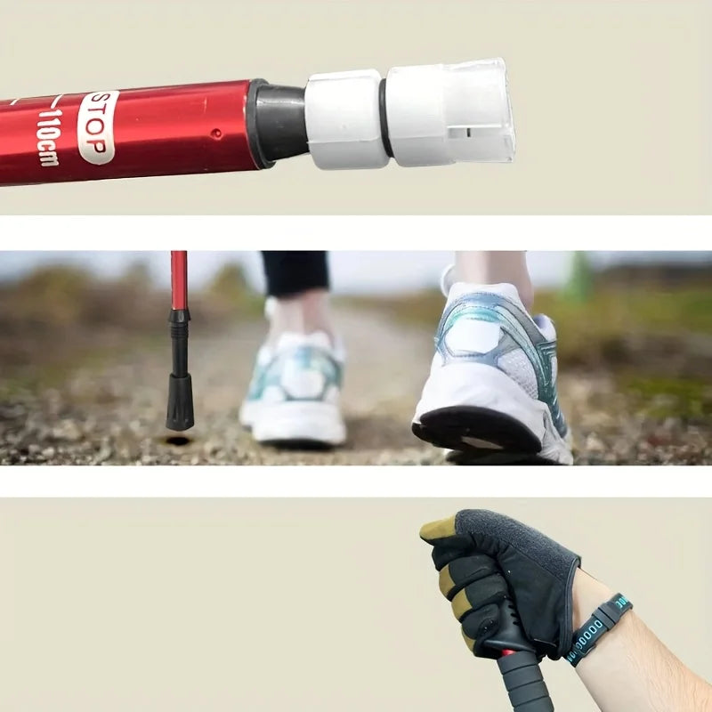 Collage of a red and black hiking pole, feet on a trail, and a hand holding the hiking pole - offered by the best outdoor gear store in America, The Adirondack Tool Co.