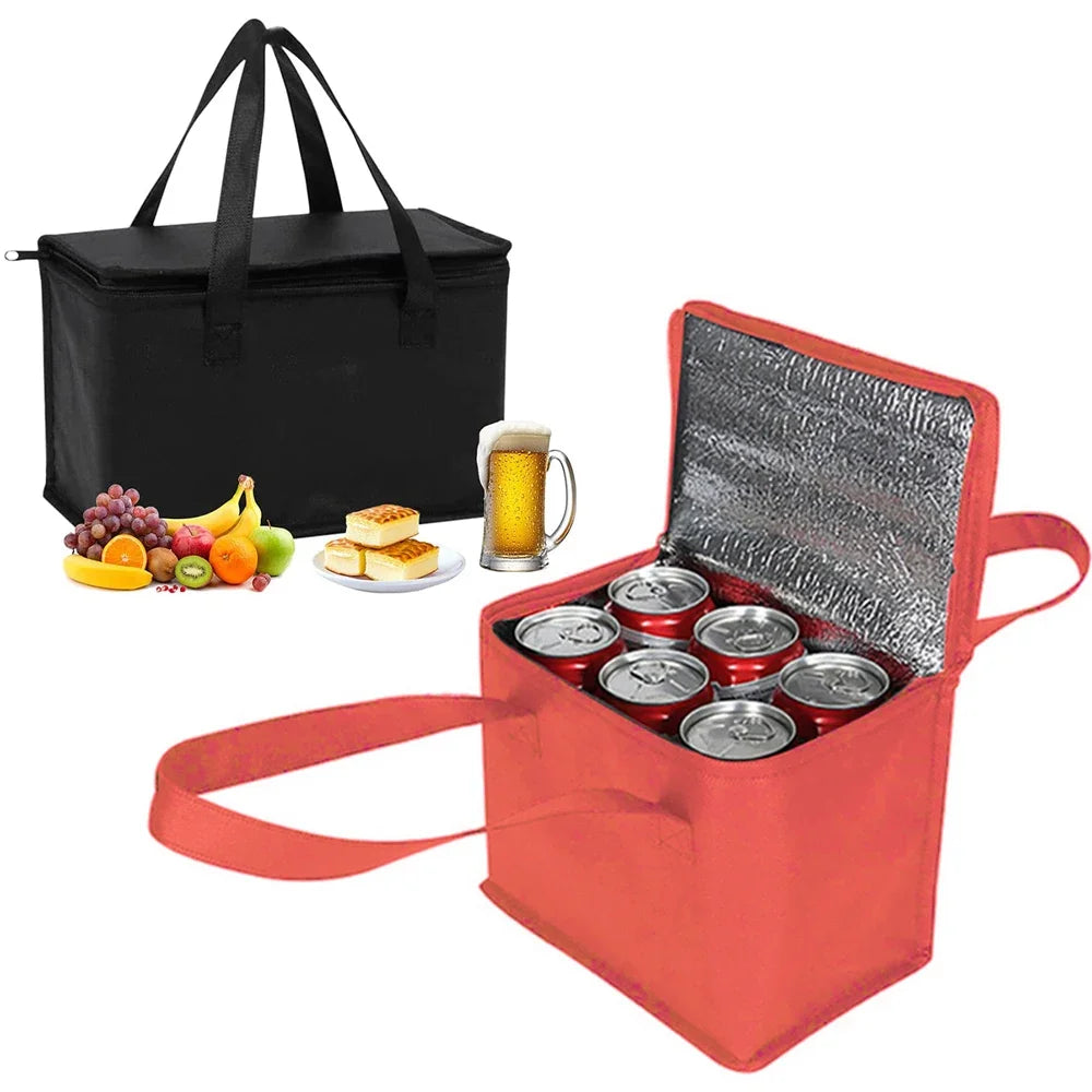 Red insulated cooler bag with drinks, black cooler bag, and picnic items on a white background - offered by the most reliable camping, hiking, and climbing gear store in the New England region, The Adirondack Tool Co.