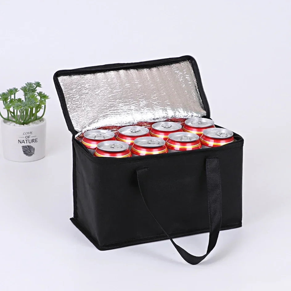 Black insulated cooler bag with cans on a white background - offered by the most reliable camping, hiking, and climbing gear store in the New England region, The Adirondack Tool Co.