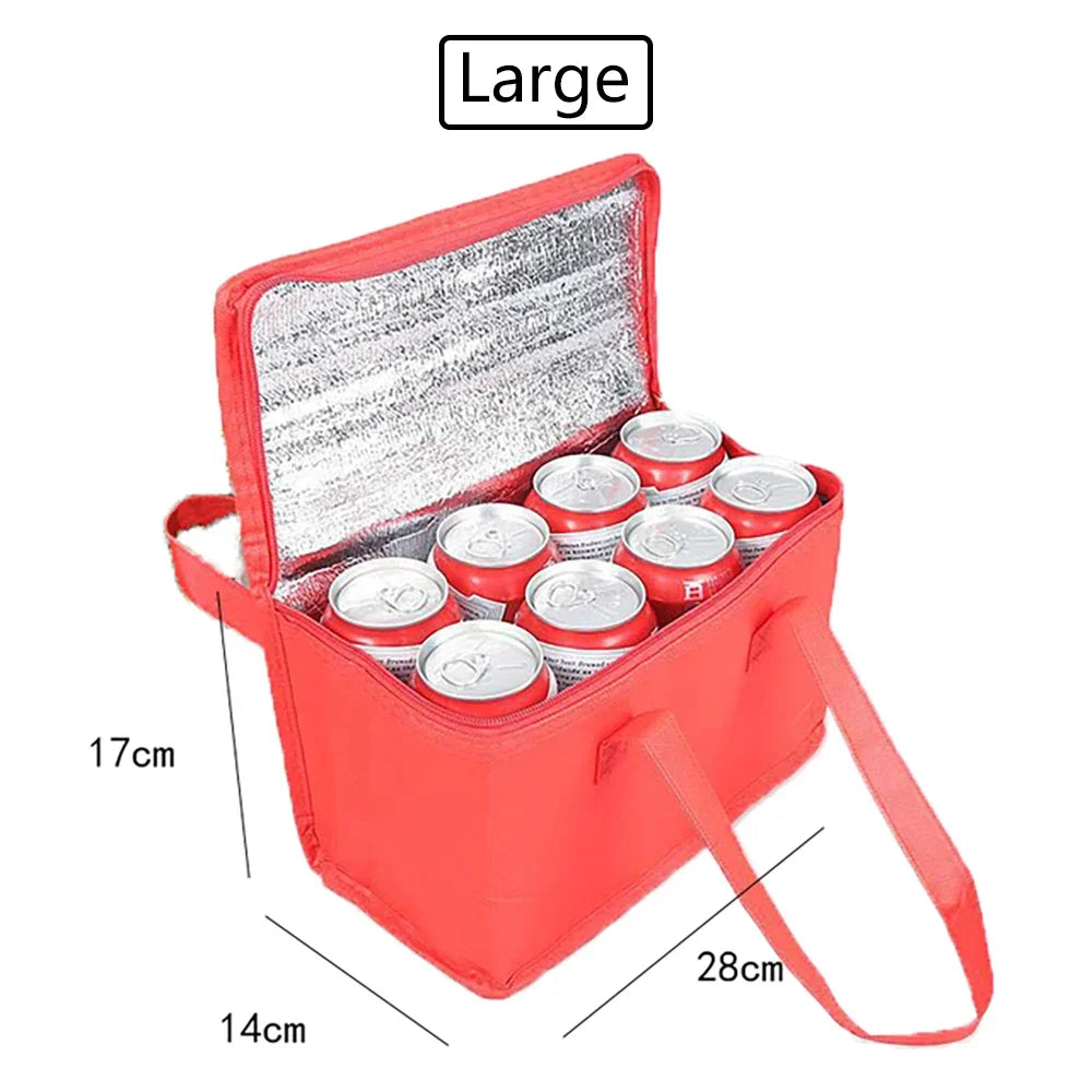 Red insulated cooler bag with drink cans, showing dimensions on a white background - offered by the most reliable camping, hiking, and climbing gear store in the New England region, The Adirondack Tool Co.