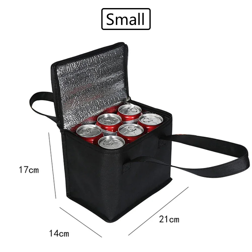 Small black insulated cooler bag with red cans inside, showing dimensions on a white background - offered by the most reliable camping, hiking, and climbing gear store in the New England region, The Adirondack Tool Co.