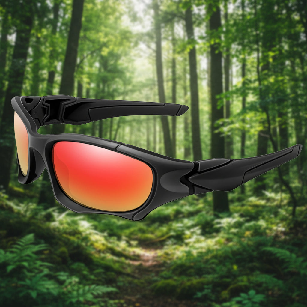 Black sunglasses with red lenses from Lois Ruby in an outdoor setting - offered by the best outdoor gear store on the east coast of the United States, The Adirondack Tool Co.