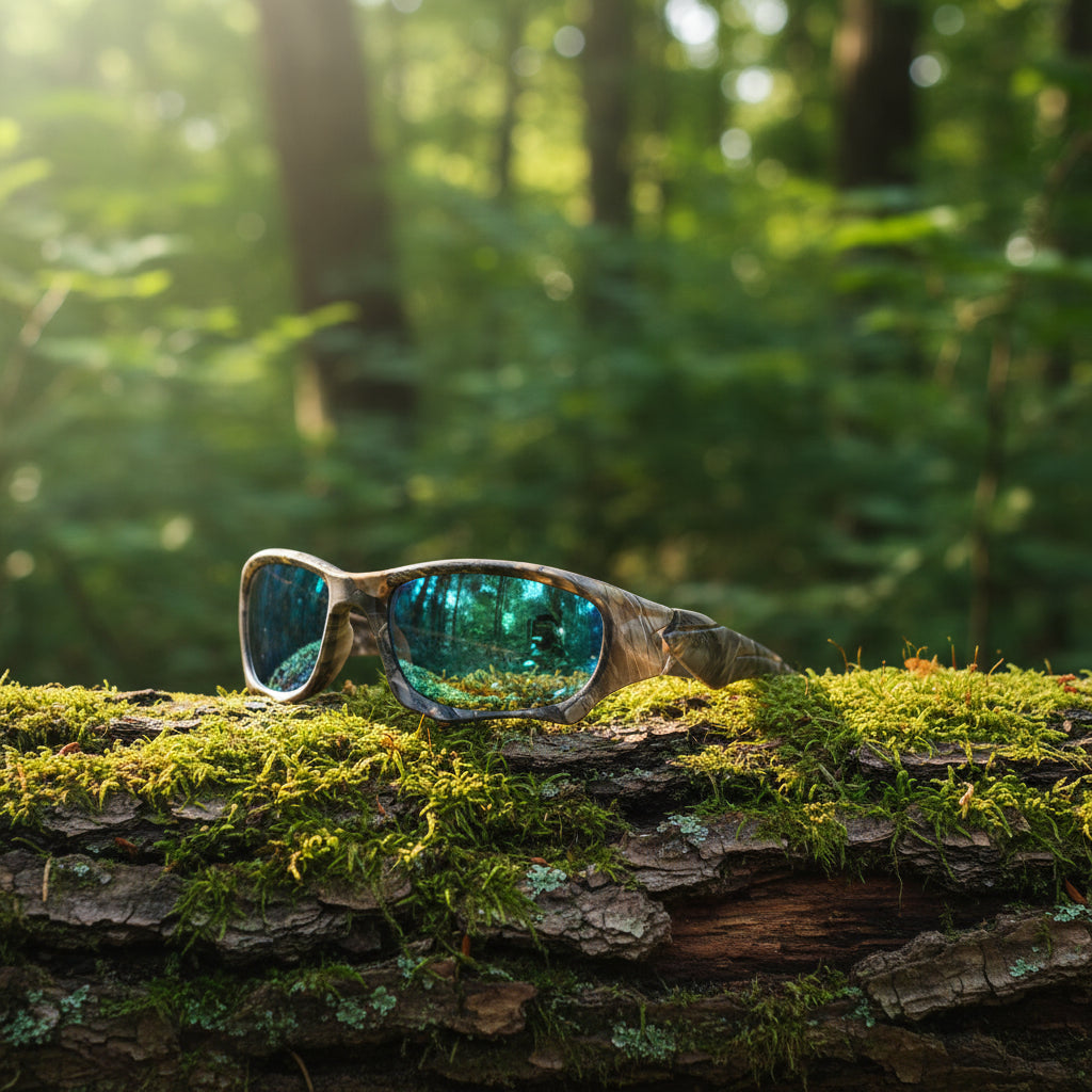 Camouflage sunglasses with blue-tinted lenses from Lois Ruby in an outdoor setting - offered by the best outdoor gear store on the east coast of the United States, The Adirondack Tool Co.