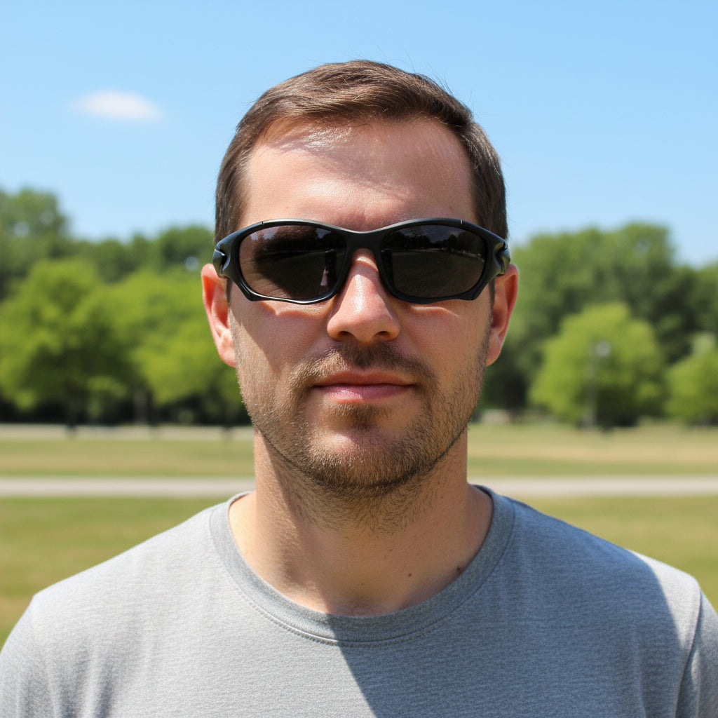 Black sunglasses from lois ruby on a man's face - offered by the best outdoor gear store on the east coast of the United States, The Adirondack Tool Co.