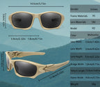 Beige sunglasses with black lenses, shown with measurements and product details on a mountainous background - offered by the best outdoor gear store on the east coast of the United States, The Adirondack Tool Co.