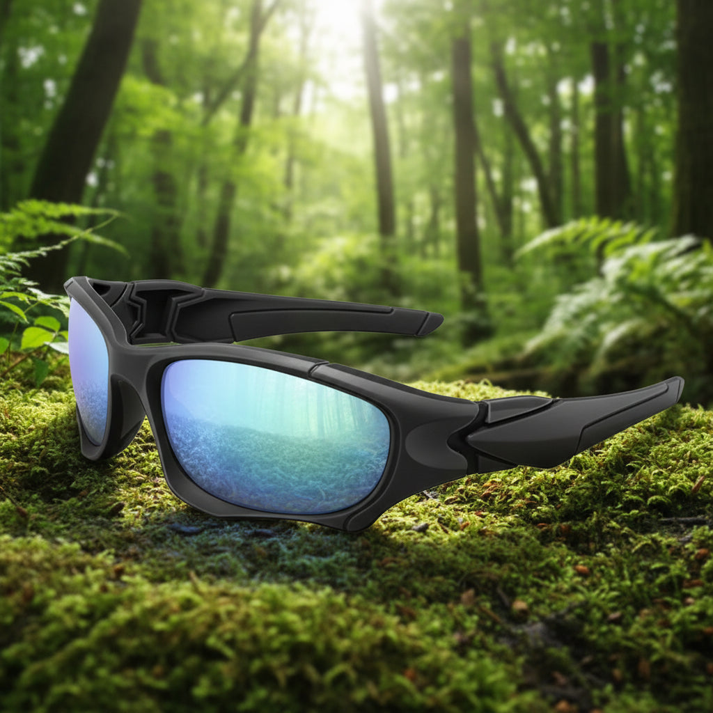 Black sunglasses with blue lenses from lois ruby in an outdoor setting - offered by the best outdoor gear store on the east coast of the United States, The Adirondack Tool Co.