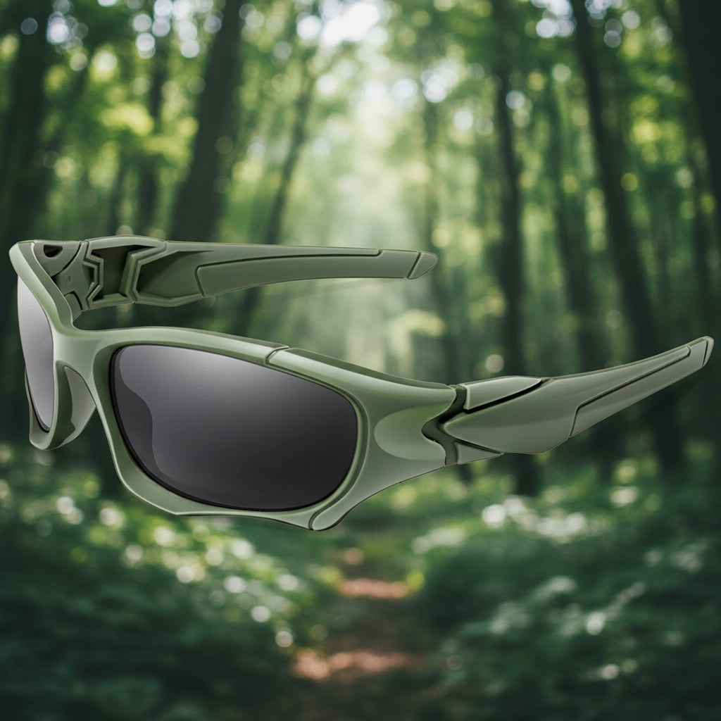 Green sunglasses with black lenses from Lois Ruby in an outdoor setting - offered by the best outdoor gear store on the east coast of the United States, The Adirondack Tool Co.