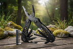 Stainless Steel 24-in-1 multitool pliers from The Adirondack Tool Co. with tool bits and packaging on a white background