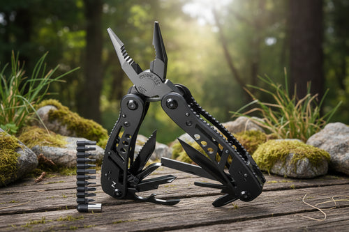 Stainless Steel 24-in-1 multitool pliers from The Adirondack Tool Co. with tool bits and packaging on a white background