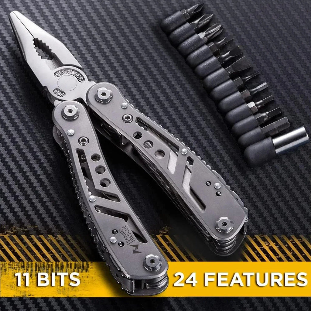Stainless steel multitool with interchangeable bits on a textured background from The Adirondack Tool Co.