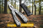 Stainless steel multitool with interchangeable bits on a textured background from The Adirondack Tool Co.