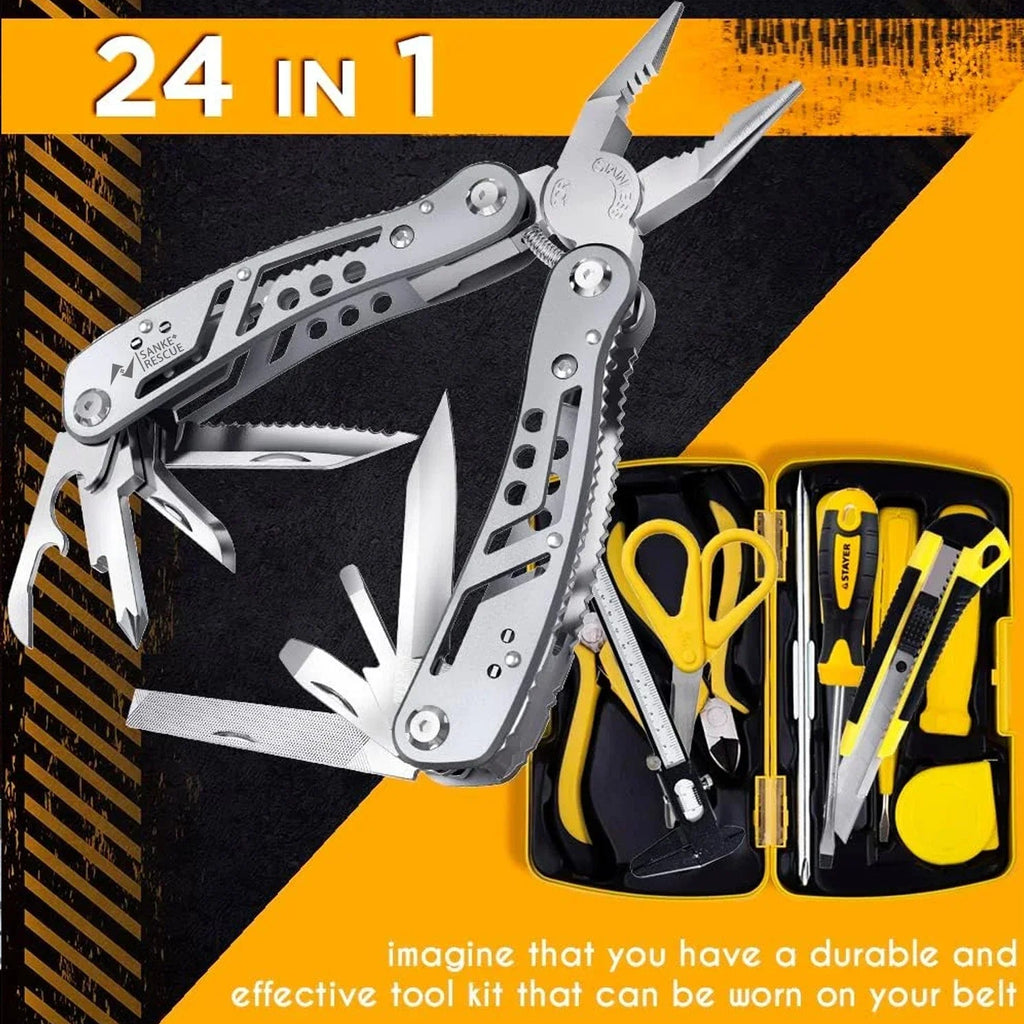 Stainless steel 24-in-1 multitool from The Adirondack Tool Co. with various tools on a black and orange background