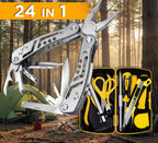 Stainless steel 24-in-1 multitool from The Adirondack Tool Co. with various tools on a black and orange background