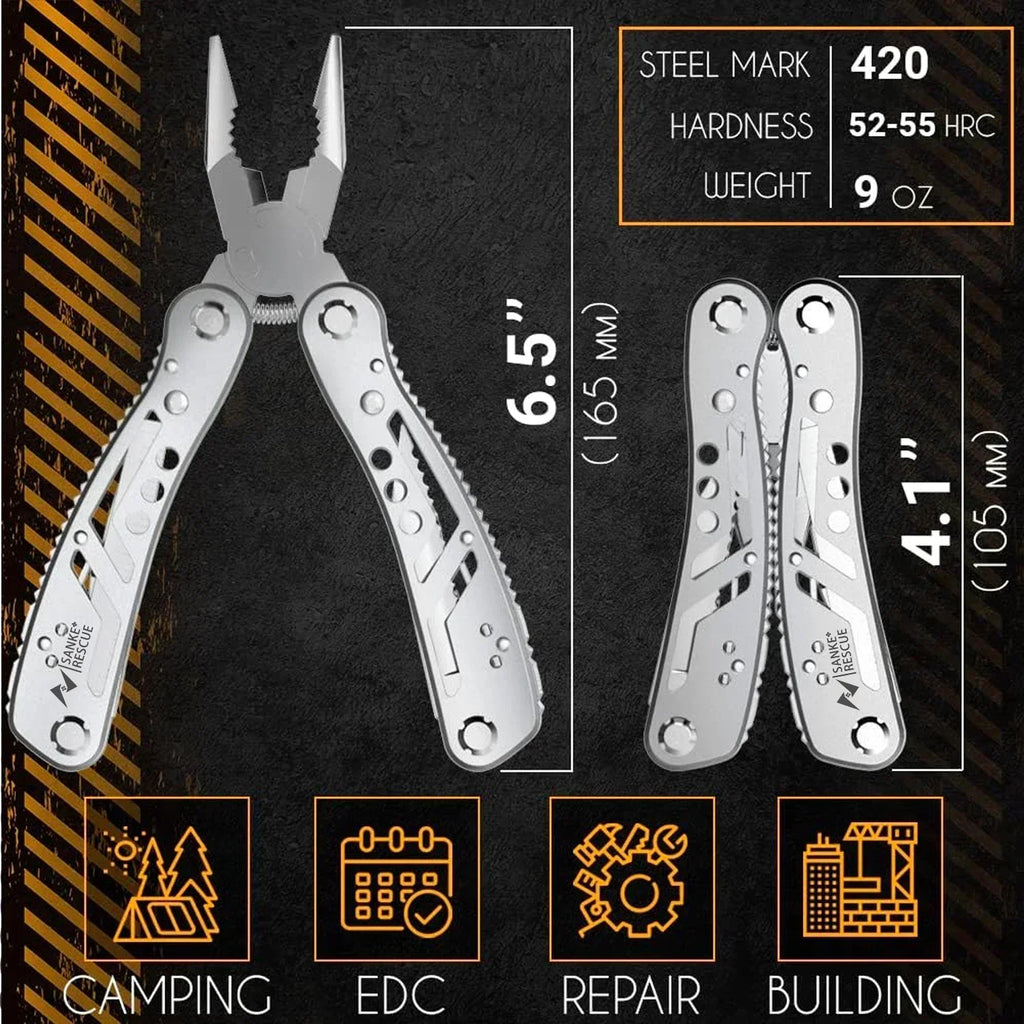 24-in-1 Stainless Steel Multitool from The Adirondack Tool Co. with specifications and uses on a dark background