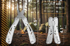 24-in-1 Stainless Steel Multitool from The Adirondack Tool Co. with specifications and uses on a dark background