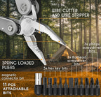 Stainless Steel 24-in-1 Multitool with wire cutter, pliers, and detachable bits on a black and orange background