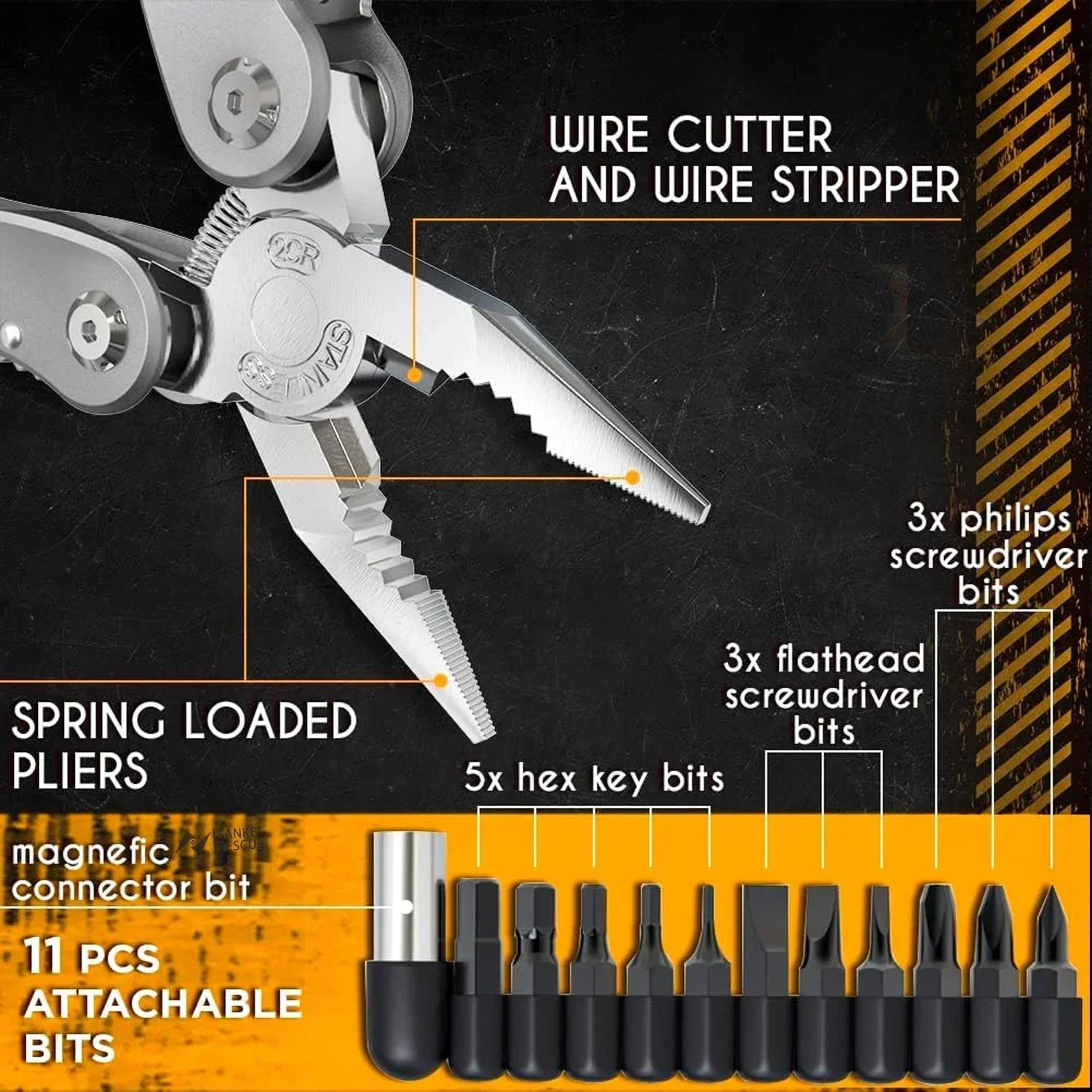 Stainless Steel 24-in-1 Multitool with wire cutter, pliers, and detachable bits on a black and orange background