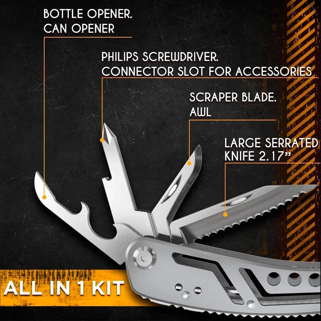24-in-1 Stainless Steel Multitool with various tools from The Adirondack Tool Co. labeled on a dark background