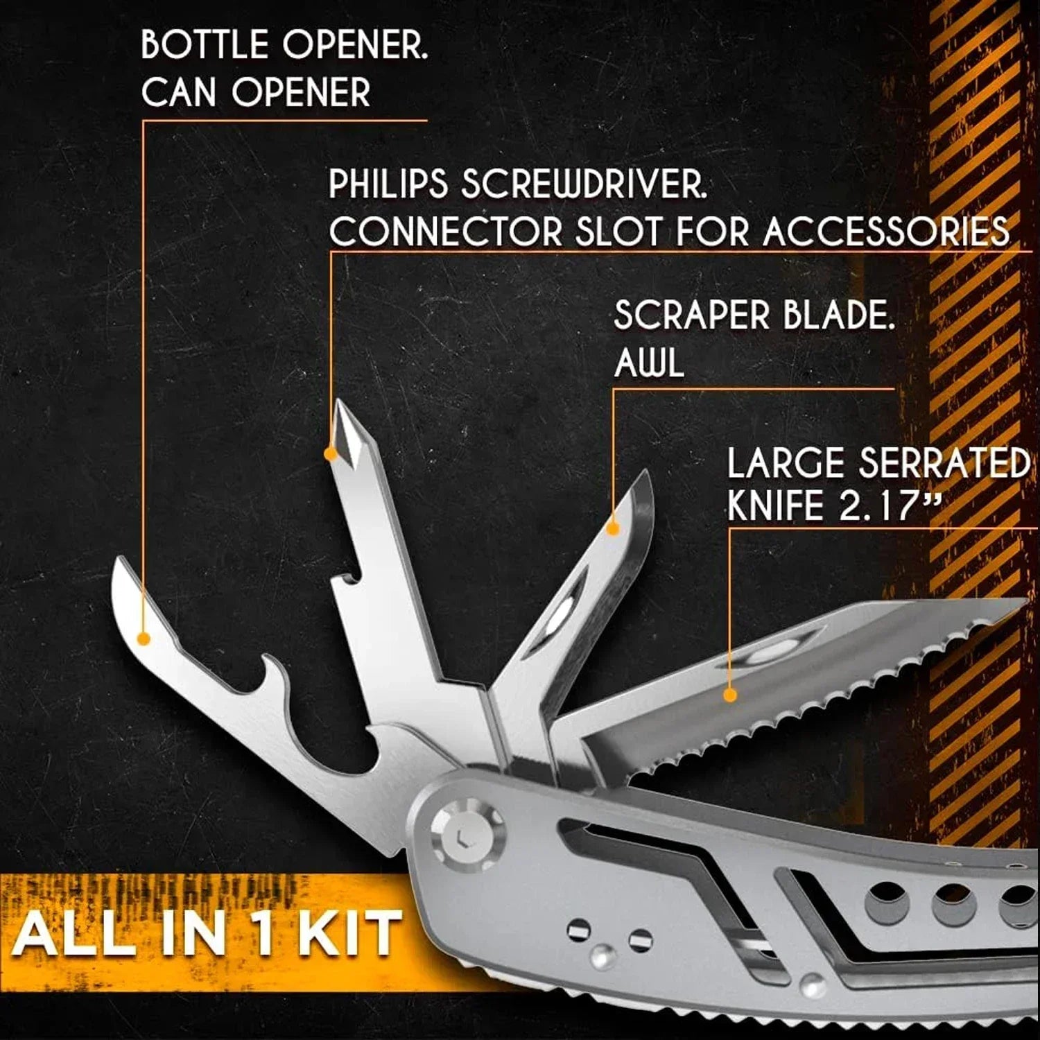 24-in-1 Stainless Steel Multitool with various tools from The Adirondack Tool Co. labeled on a dark background
