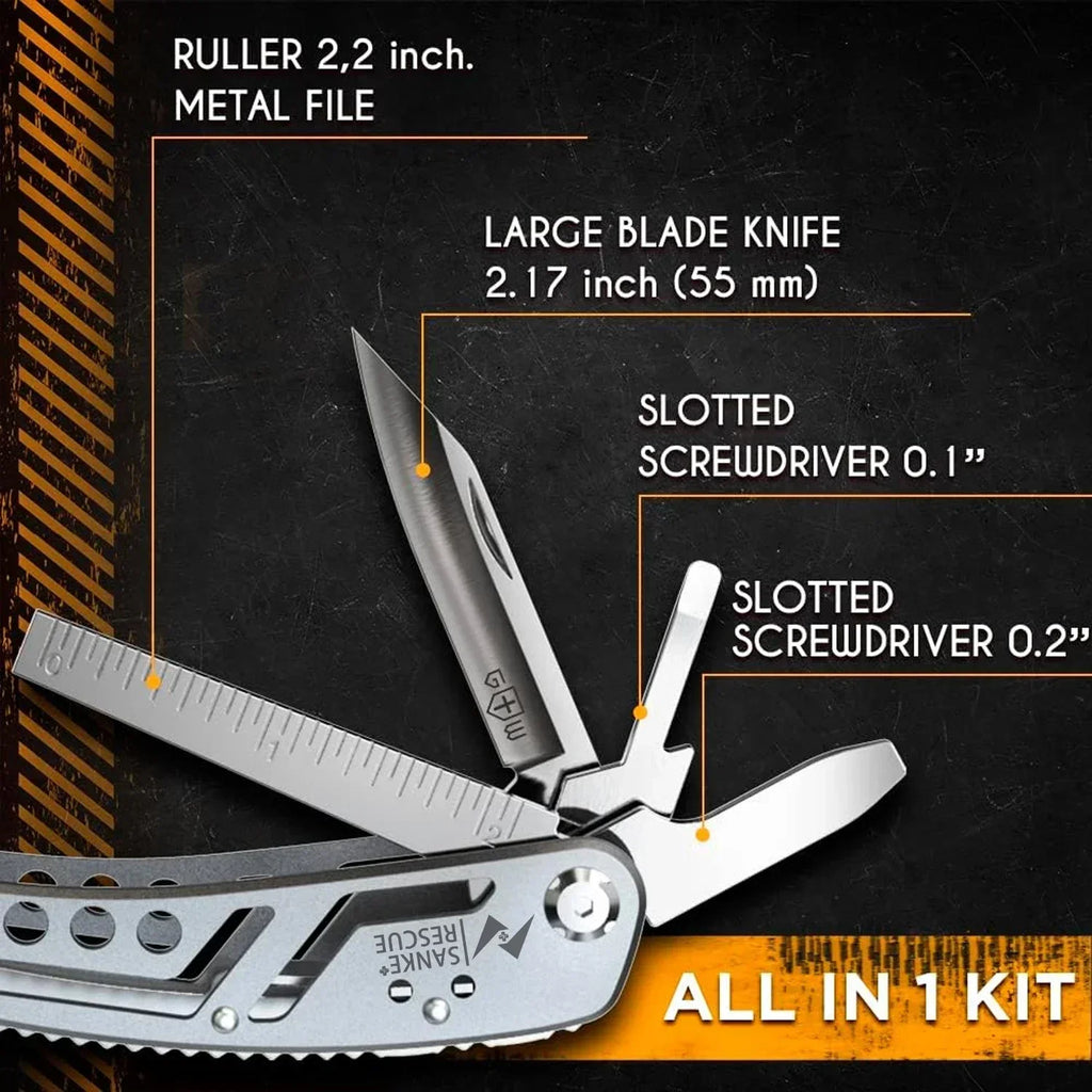 24-in-1 Stainless Steel Multitool with knife, screwdriver, and metal file features from The Adirondack Tool Co. 