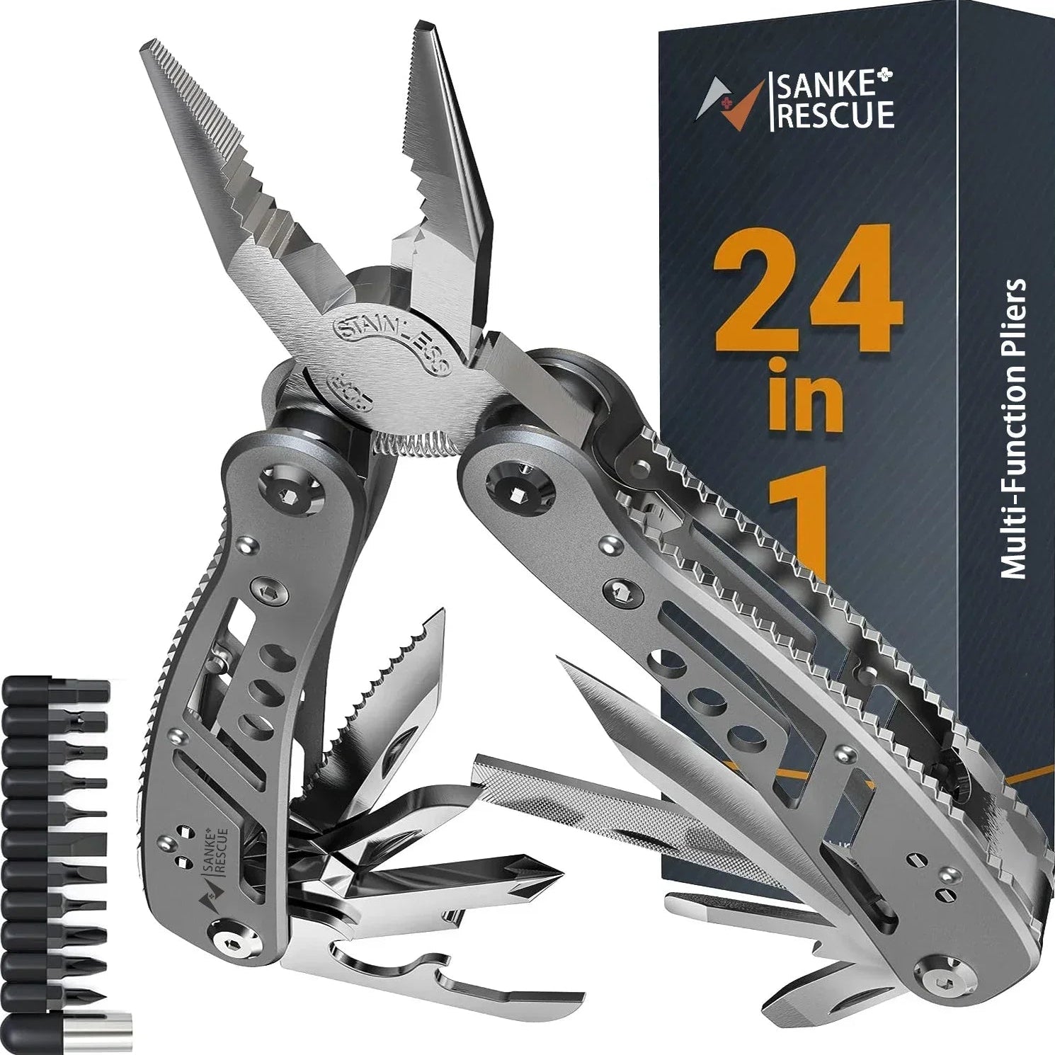 24-in-1 Stainless Steel Multitool pliers set with packaging labeled 'Sanke Rescue' on a white background from The Adirondack Tool Co. 