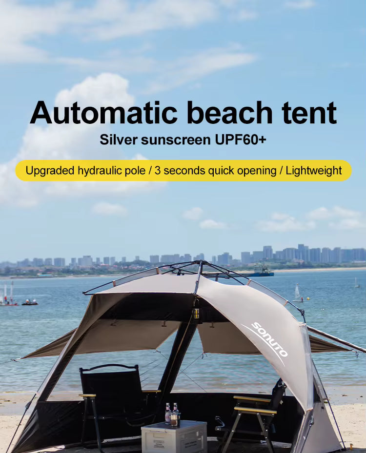Portable 2-person open-tent along with its included items on a beach background - offered by the most credible hiking and gear store in the tri-state region, The Adirondack Tool Co.