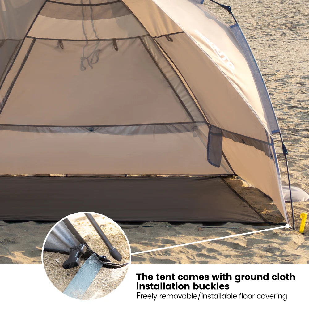 Portable 2-person open-tent with description about tent installation buckles and removable floor - offered by the most credible hiking and gear store in the tri-state region, The Adirondack Tool Co.