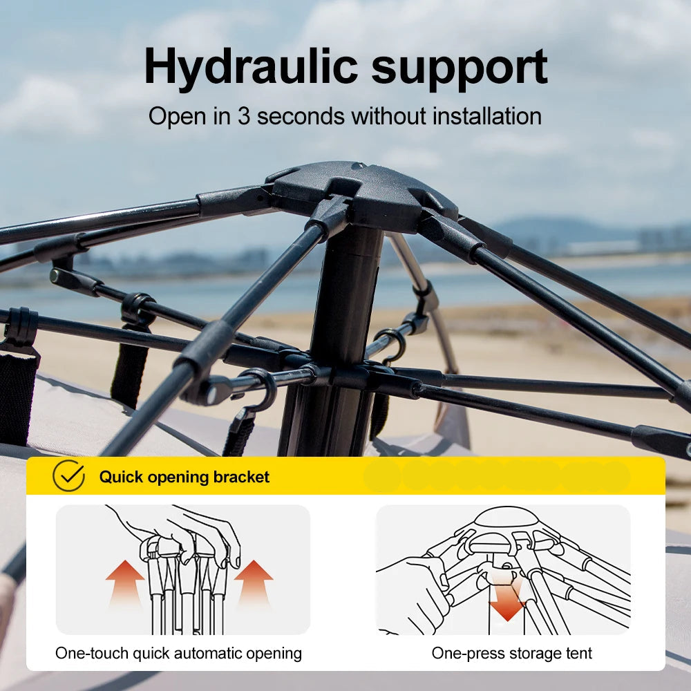 Hydraulic support and setup system of the portable 2-person open-tent - offered by the most credible hiking and gear store in the tri-state region, The Adirondack Tool Co.