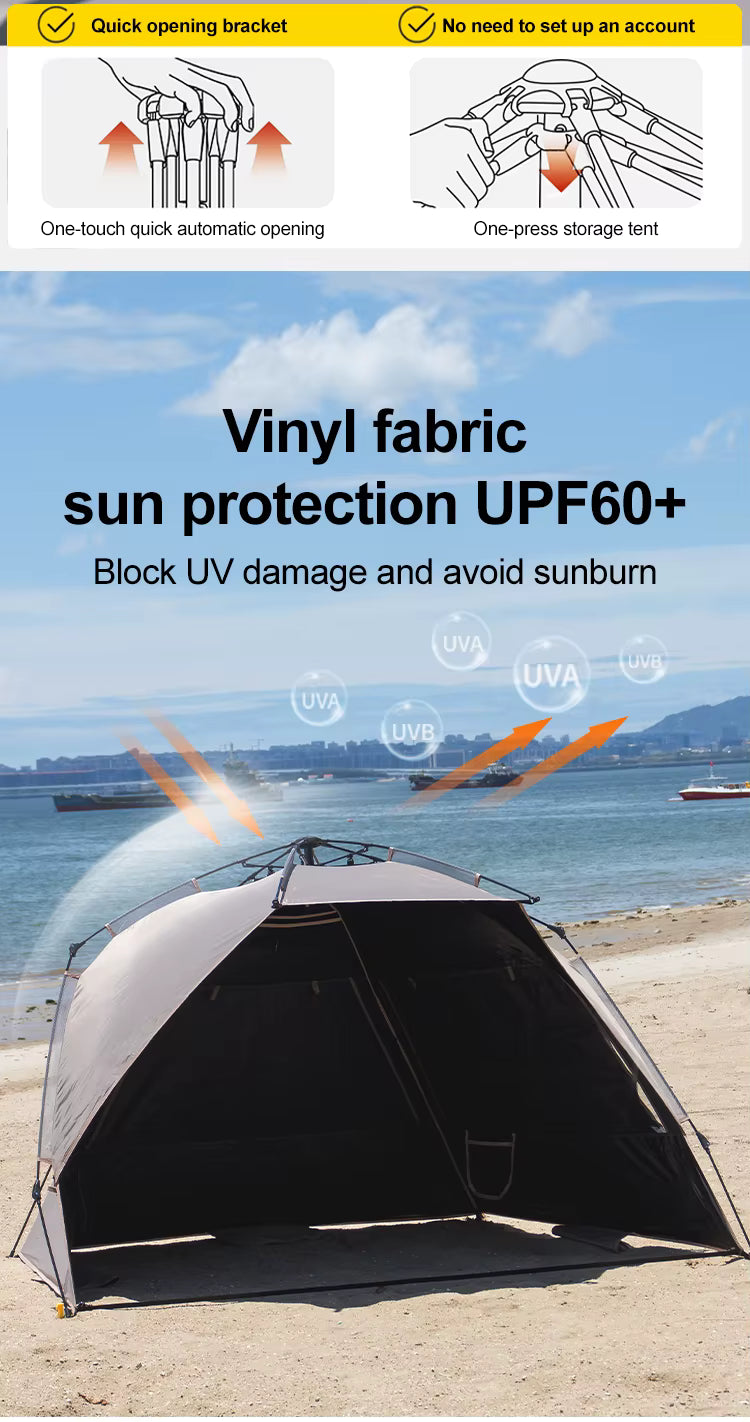 Portable 2-person open-tent on a beach, with instructions about how to use the umbrella-like design and information on sun protection - offered by the most credible hiking and gear store in the tri-state region, The Adirondack Tool Co.