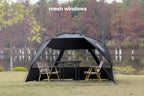 Portable 2-person open-tent along with its included items with a lake background - offered by the most credible hiking and gear store in the tri-state region, The Adirondack Tool Co.
