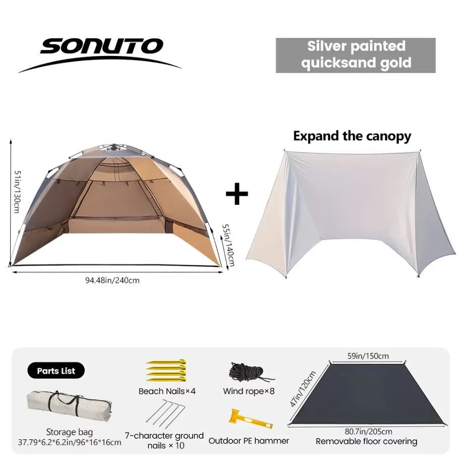 Portable 2-person open-tent along with its included items and canopy extension on a white background - offered by the most credible hiking and gear store in the tri-state region, The Adirondack Tool Co.
