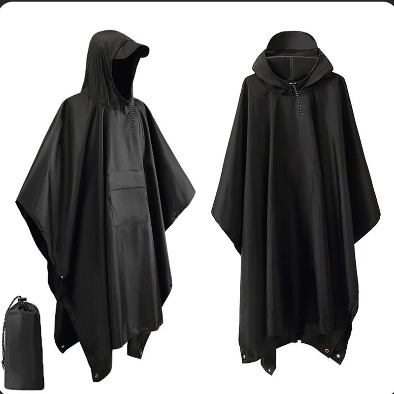 Black hooded poncho with a small black bag on a white background - offered by the best hiking gear store in New York, The Adirondack Tool Co.