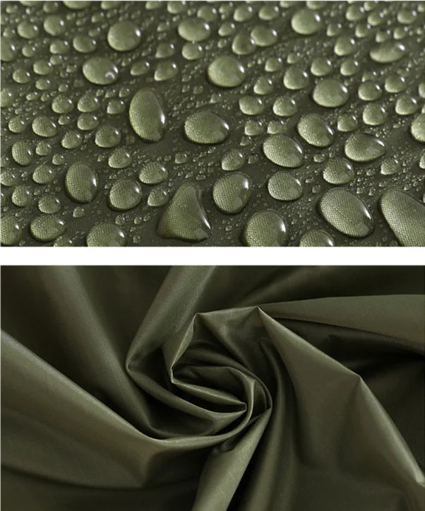 Top: Water droplets on the material of The Adirondack Tool Co.'s 2-in-1 poncho and tarp, Bottom: Olive green poncho and tarp fabric
