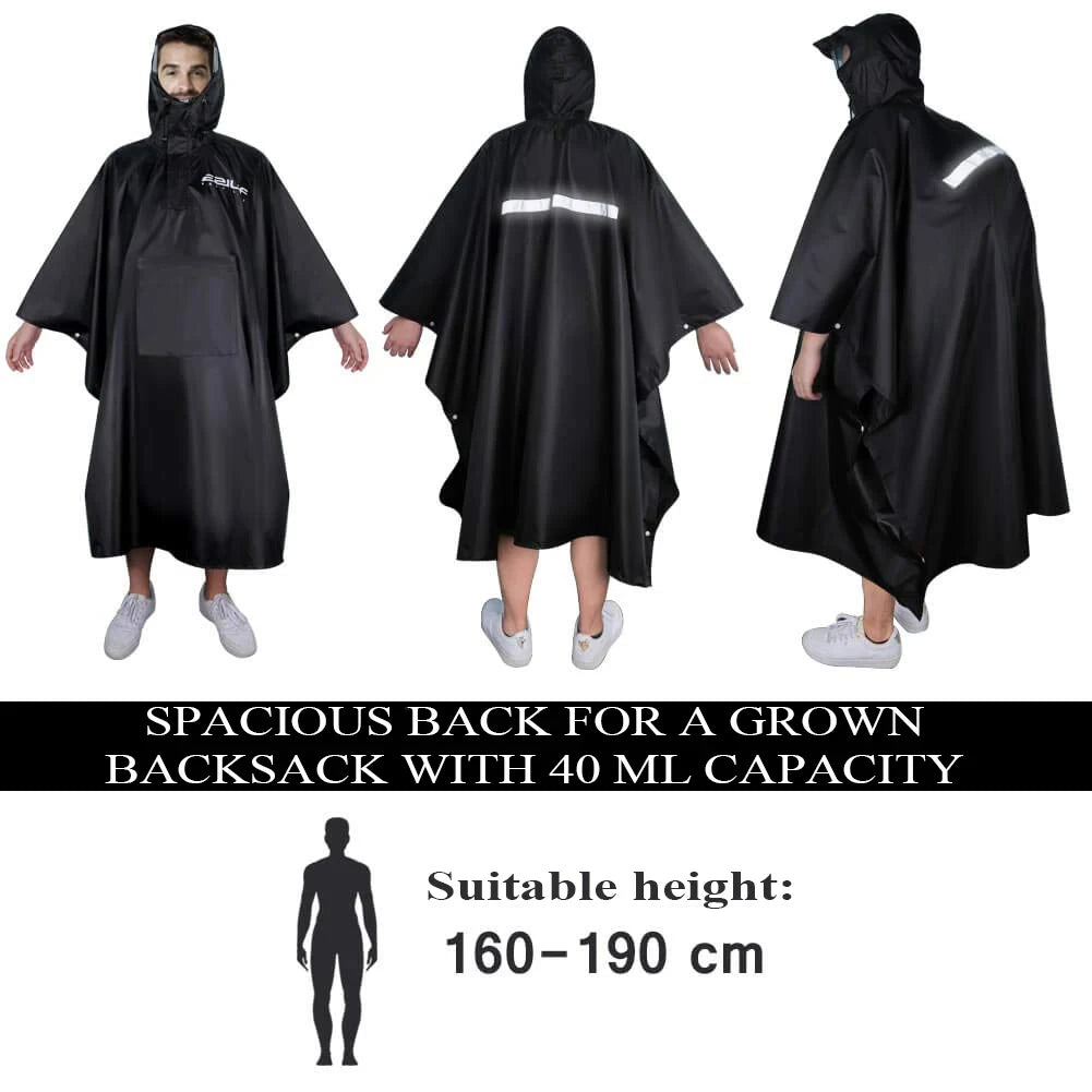 Black rain poncho with reflective stripes on a white background - offered by the best hiking gear store in New York, The Adirondack Tool Co.