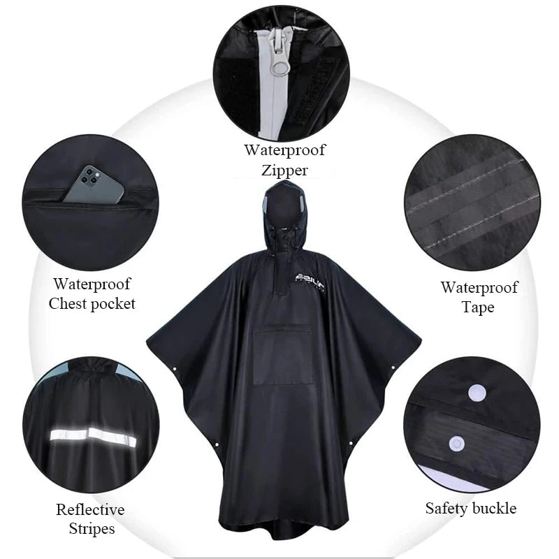 Black rain poncho with features highlighted on a white background - offered by the best hiking gear store in New York, The Adirondack Tool Co.