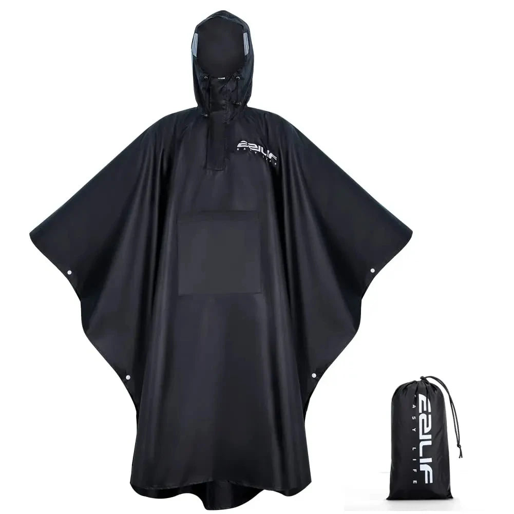 Black rain poncho with brand logo on a white background - offered by the best hiking gear store in New York, The Adirondack Tool Co.
