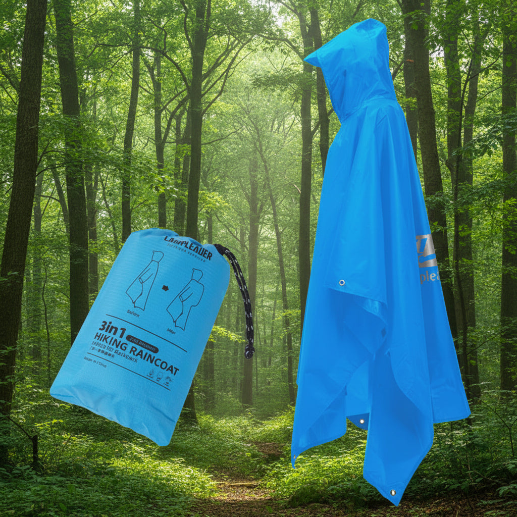 Blue 3-in-1 hiking raincoat/poncho with packaging