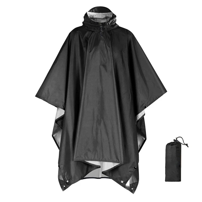 Black rain poncho with a compacted folding display on a white background - offered by the best hiking gear store in New York, The Adirondack Tool Co.