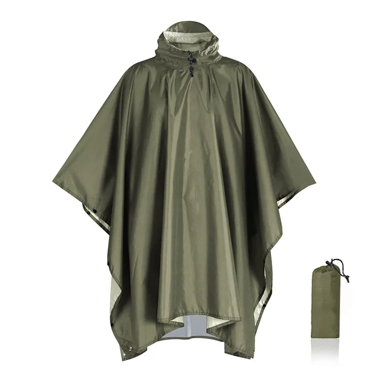 Green rain poncho with a compacted version on a white background - offered by the best hiking gear store in New York, The Adirondack Tool Co.