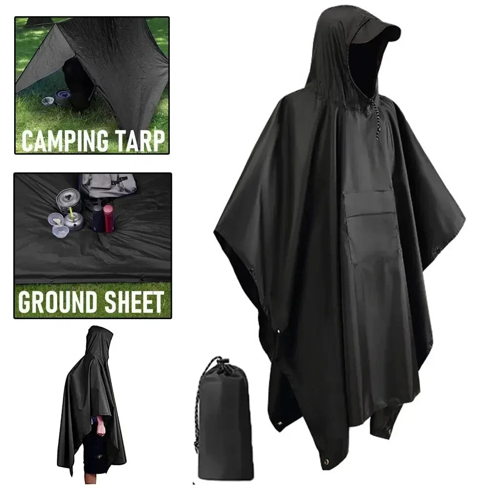 Black poncho with camping tarp and ground sheet attachments on a white background - offered by the best hiking gear store in New York, The Adirondack Tool Co.