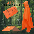 Orange 3-in-1 outdoor raincoat/poncho with packaging and diagram