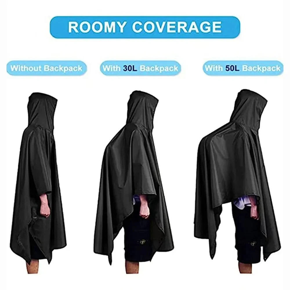 Black poncho with roomy coverage for different backpack sizes on a white background - offered by the best hiking gear store in New York, The Adirondack Tool Co.