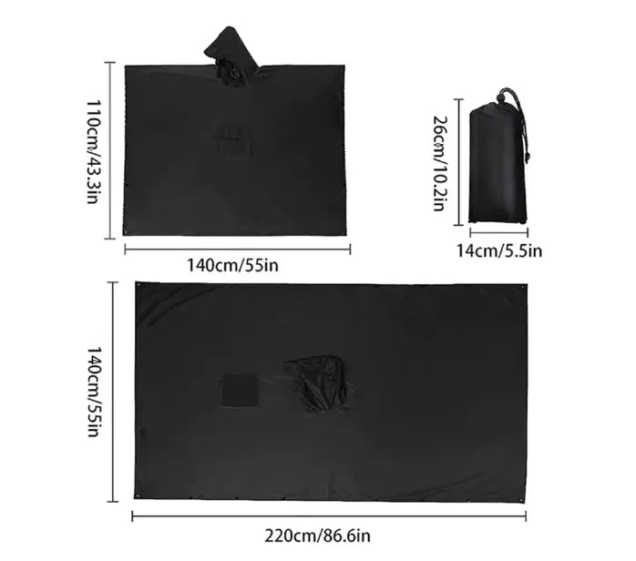 The Adirondack Tool Co.'s 2-in-1 rain poncho and tarp with measurements on a white background