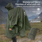 Green raincoat/poncho with packaging on a mountainous background, featuring text about waterproof fabric