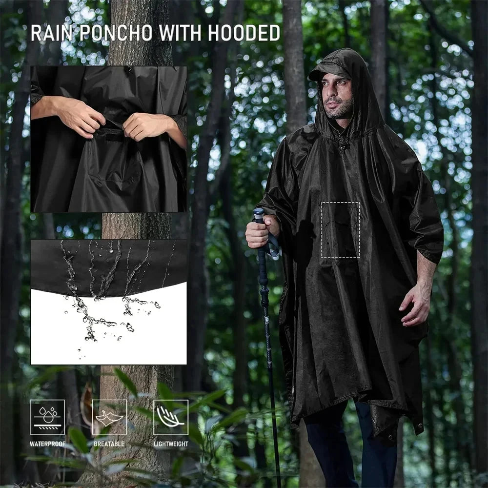 Person wearing a black rain poncho with hood in a forest setting, with close-up insets showing features. - offered by the best hiking gear store in New York, The Adirondack Tool Co.