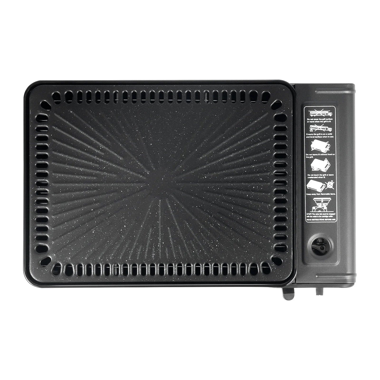 Black portable gas-powered stove with textured surface on a white background. Offered by The Adirondack Tool Co.