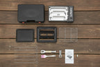 Portable Gas-Powered Stove accessories including a lid, trays, skewers, and tools on a white background.