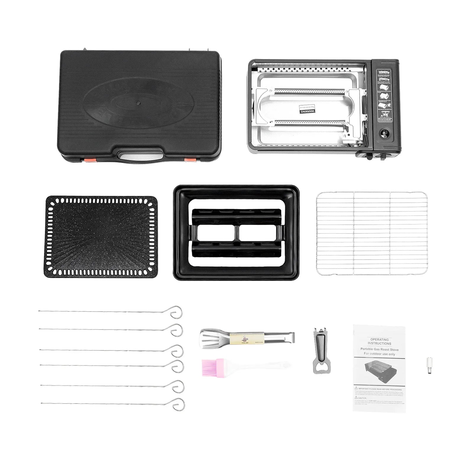 Portable Gas-Powered Stove accessories including a lid, trays, skewers, and tools on a white background.