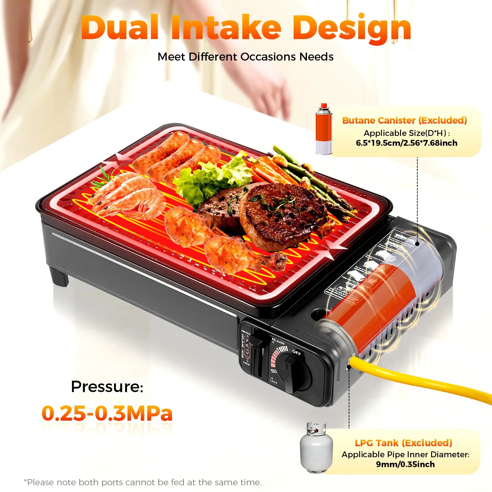 Portable gas-powered stove with food on a white background, featuring dual intake design and pressure specifications by The Adirondack Tool Co.